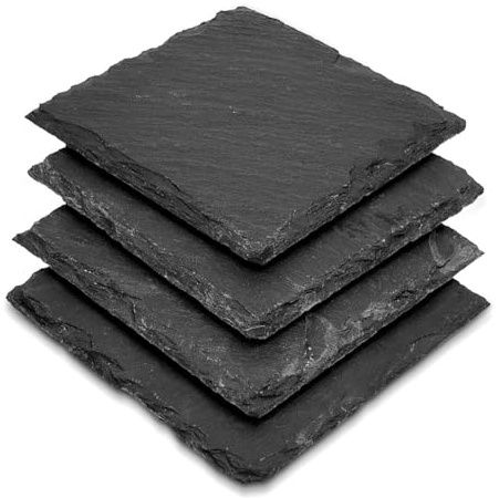 apollo THE HOUSEWARES BRAND Slate Coaster Set 4 Square, 100% Natural Slate, Anti-Scratch Foam Feet, Great Gift Idea, Size: 10x10x1cm, Black