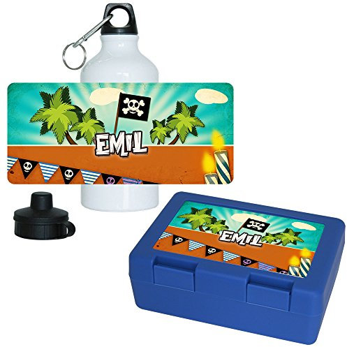 Eurofoto Brotdose + Trinkflasche Set mit Namen Emil und schönem Piraten-Motiv für Jungen | Aluminium-Trinkflasche | Lunchbox | Vesper-Box