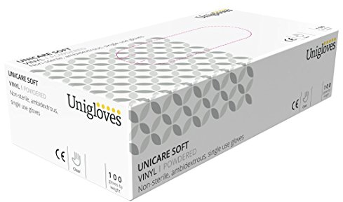 UNIGLOVES Unicare Gants d'examen en Vinyle Transparent - Gants à Usage Multiple, légèrement poudrés, sans Latex - Boîte de 100 Gants, Transparents
