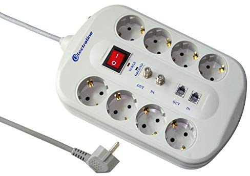 Electraline 62113 Regleta 8 Schuko Fax/Modem + 2 Tomas TV con Interruptor Protector, sobrecargas Filtro emi/RFI Cable 3G1 1,5 m, Color Gris