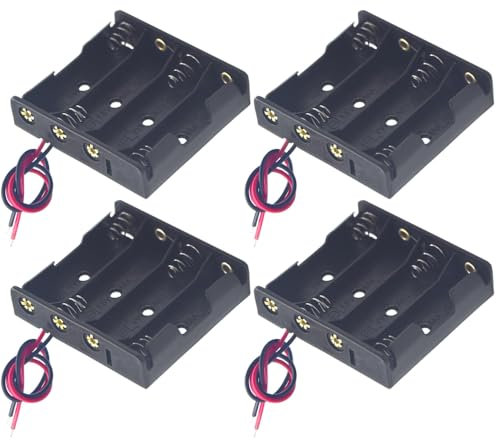 Yosawo 4-Pieces 4x1.5V(6V) AA Battery Holder Case,Black Plastic DIY Battery Storage Box with Red and Black Wire Leads(AA4)