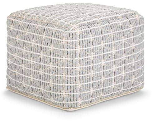 SIMPLIHOME Noreen Square Pouf - 18 inch Wide Upholstered Handwoven Cotton Ottoman in Light Blue and White, Boho Footstool or Extra Seating for Living Room with Polystyrene Filling, Assembled