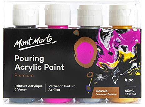 Mont Marte Pouring Set Cosmic – 4 Stück x 60ml – Acryl Pouring – Acrylfarben mit Pouring Medium vorgemischt – Lampen Schwarz, Magenta, Silber, Gold