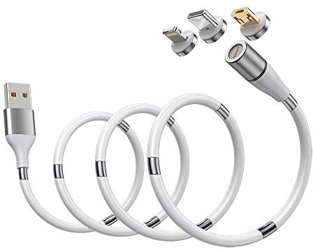 FUCITE Câble magnétique SuperCoil 3 en 1, câble de données de charge rapide magnétique 3A, de, comprend 3 embouts magnétiques USB-C, Micro USB et téléphone 11, Xs, X, XR, 8-1 mètre, blanc