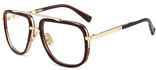 Dollger Übergroße Quadratische Sonnenbrille für Männer Frauen Pilot Shades Gold Frame Retro Brille(Teerahmen / transparent)
