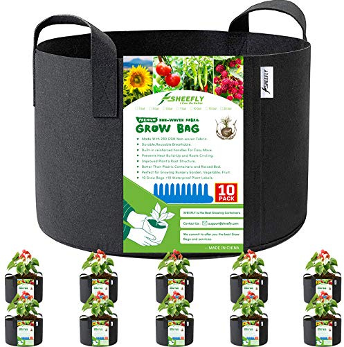 SHEEFLY 10 Pack 5 Gallon Grow Bags,Non Woven Durable Thickened Aeration Fabric Pots Container with Reinforced Handles for Nursery Garden,Vegetable,Fruit,with 10 PCS Plant Labels (Black)