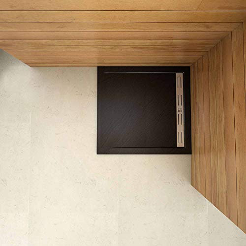 Piatto Doccia Quadrato 90x90cm in Pietra Vulcanica e Resina Mista Finitura Pietra Nera Ruvida Ultraslim 3 cm