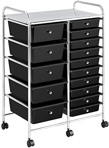 Yaheetech 15 Drawers Plastic Storage Cart, Multipurpose Mobile Organizer Unit with 4 Lockable Wheels, Utility Rolling Trolley for Home Office School Salon & Beauty, Black