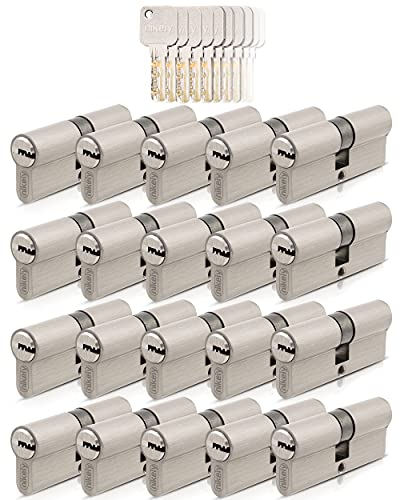 GERCAR Pro 20x Schließzylinder 45/45 gleichschließend Set 20 Profilzylinder inkl. 100 Schlüssel - 90 mm Türschloss Zylinderschloss 20er Zylinder - Länge: 90mm, A:45 B:45 - Messing matt massiv