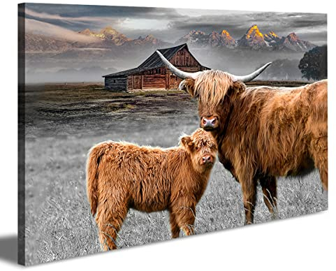 Rinsiken Hochland-Rinder-Wandkunst mit langen Hörnern Bild - Hochlandkuh Druck auf Leinwand Gemälde 61 x 91,4 cm Kunstwerk für Wohnkultur