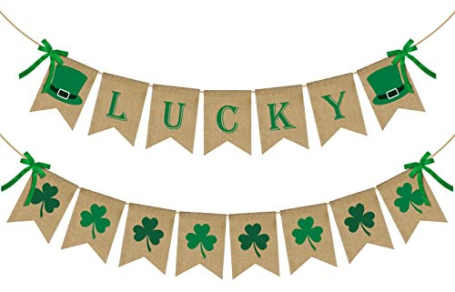 ERKOON 2 Stück St. Patrick's Day Dekorationen Glücksbanner Kleeblatt Girlande Banner rustikale Sackleinen für irische Tagesdekorationen Partyzubehör
