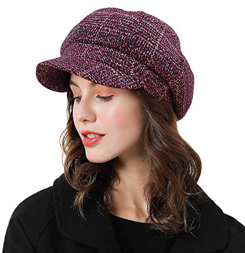 DORRISO Mode Damen Baske Baskenmütze Gestrickte Schirmmütze Frühling Herbst Winter Mütze Verstellbar Leicht Weiche Maler Mütze Barett Mütze Achteckiger Hut 54-58CM Rot A