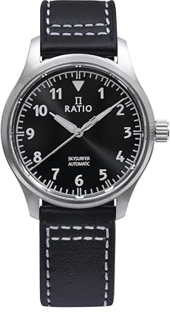 Ratio Pilot Style Watch Leather Strap Analog Display Sapphire Crystal Japanese Automatic 200M Water Resistant Casual Formal Wear Watch for Men