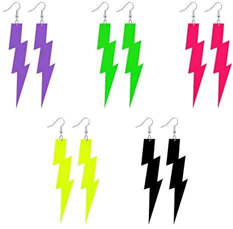 5 Paar bunte Neon-Blitz-Ohrringe, Mode personalisierte Schmuck, 80er Jahre Retro-Ohrringe, geeignet für Mottopartys, Kostümpartys, Halloween, Fasching