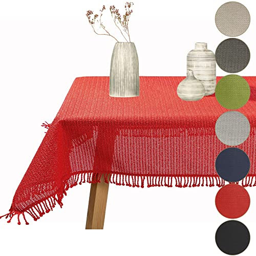 Gartentischdecke geschäumt eckig rund oval wetterfest rutschfeste Weichschaum Tischdecke abwaschbar Garten Balkon Outdoor Camping mit Fransen (Rot, 130x220cm (BxL))