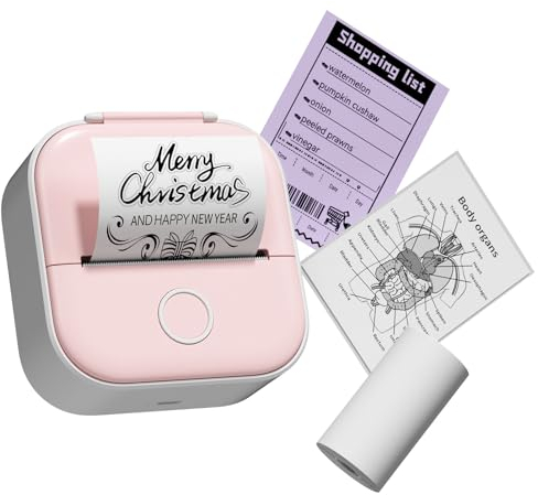 T02 Mini Drucker,Tragbarer Sticker Drucker,Fotodrucker für Smartphone,Inkless Thermodrucker,Tragbarer Kabelloser Notizdrucker Etikettendrucker Aufkleberdrucker für Memos,Zeitschriften,DIY,Rosa