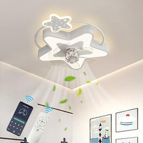 Bambini Ventilatori a Soffitto con Luce e Telecomando APP Led Dimmerabile, Plafoniera con Ventilatore Silenzioso 6 Velocità Reversibile, Lampadario con Ventilatore da Soffitto per Cameretta-White