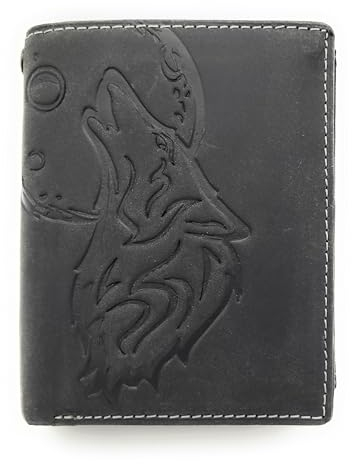 Lemasi echt Leder Geldbörse Portemonnaie Heulender Wolf Mond mit RFID NFC Schutz (Wolf schwarz hoch)