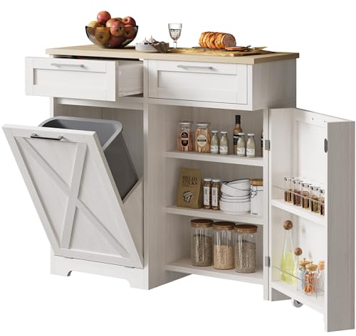 DWVO Tilt Out Trash Can Cabinet, Garbage Cabinet for Kitchen Pull Out Trash Cabinet with Storage, Trash Bin Cabinet with 2 Drawers Adjustable Shelves Laundry Hamper, Off White