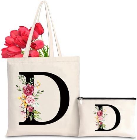 Baumwolltasche personalisiert mit Namen, Frauen Initialen Einkaufstasche Geschenk Tragetasche und Kosmetiktasche für Damen Freundin Mama Geburtstag, Hochzeit, Valentinstag, Muttertag Tasche(D)