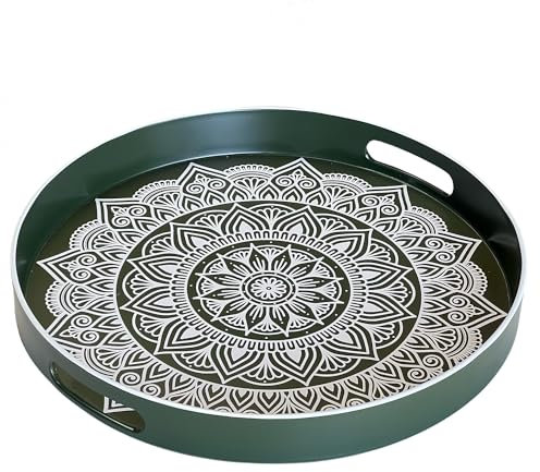 Simmer Stone Round Decorative Tray, Marbling Plastic with Handles, Modern Vanity and Serving for Ottoman, Coffee Table, Kitchen and Bathroom, Size 13 INCH (Green)