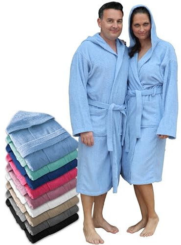 LEBENGOOD Peignoir de bain à capuche, pour femme et homme 100% coton éponge 400 g avec ceinture, poches, douche, peignoir doux, serviette (hombre.Capucha Cielo 3XL)