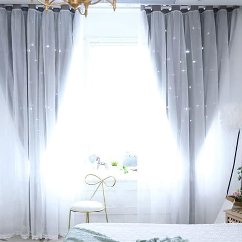 Epinki Grau Verdunkelungsvorhang Kinderzimmer Mädchen 2er Set, Stern Vorhang Blickdicht Extrabreit, Ösen Gardine Blickdicht Fenster Polyester Schals für Wohnzimmer, Jeder B 107 x H 132cm