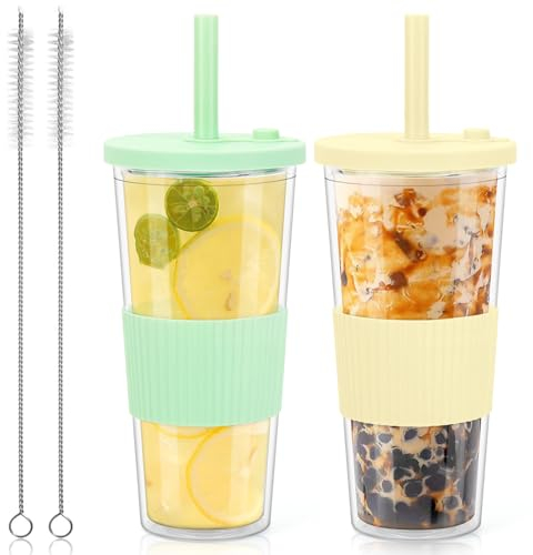 2 x 710ml Trinkbecher mit Deckel und Strohhalm, Bubble Tea Becher mit Strohhalm, Doppelwandig Isolierte Plastikbecher, Wiederverwendbare Tumbler Becher für Kaffee Saft, Becher to go (Beige + Hellgrün)