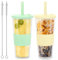2 x 710ml Trinkbecher mit Deckel und Strohhalm, Bubble Tea Becher mit Strohhalm, Doppelwandig Isolierte Plastikbecher, Wiederverwendbare Tumbler Becher für Kaffee Saft, Becher to go (Beige + Hellgrün)
