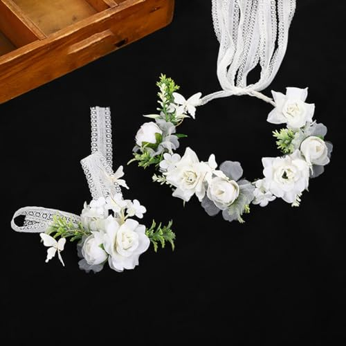 IYOU Fille Fleurie Serre-tête Set Blanc Rose Sainte Communion Couronne de Cheveux Bracelet de Poignet Anniversaire Mariage Bandeau Pièce de Tête pour Filles