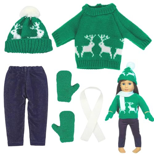 TZQFROCE Weihnachten Puppe Kleidung Kostüm Zubehör 5-teiliges Puppenbekleidung Mini Weihnachtspullover Mütze Schal setgrün Weihnachts Weihnachtspuppen Zubehör für Kinder