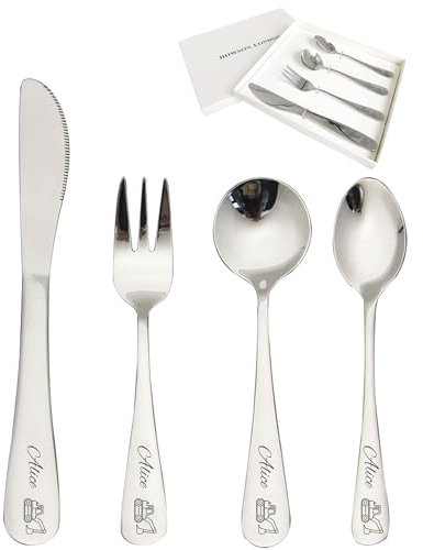 Personalized Cutlery Set for Kids Children Toddler Cutlery 4pcs Engraved Knife Fork Spoon Stainless Steel Cutlery Set Christening Christmas Gifts for Boy Kids Girls Cutlery Gifts (Excavator)
