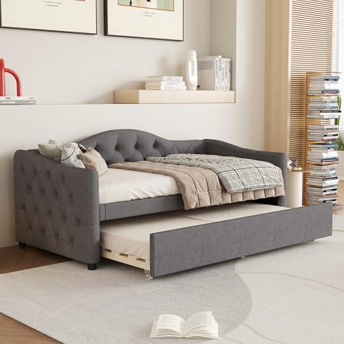 Sapgaks Schlafsofa 90 x 200 cm, 2-Sitzer, ausziehbar mit Ausziehbett, Ottomane aus Leinen, Grau (ohne Matratze)