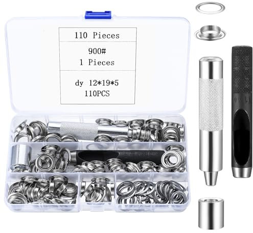 Grommet Kit Tool, 110 Pcs Grommets Eyelets Kit, Eyelets and Punch Metal Washers Setting Tool, 1/2 Eyelet Punch Kit 12mm Eyelets Set for Tarpaulin Leather Fabric Crafting Awning Curtain Eyelet Kit