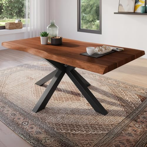 trelevo Esszimmertisch 180x90 cm, Akazienholz massiv 25+25mm, Tischplatte nussbaumfarben, echte Baumkante, Spider Gestell schwarz, Baumkantentisch
