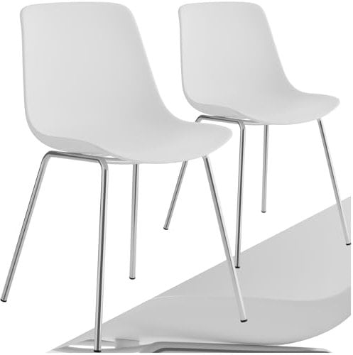tectake® 2er Set Esszimmerstühle, modernes Design, Kunststoff Stühle mit schlanken Stahlbeinen, ergonomische Küchenstühle mit rutschfesten Kappen, bequemer Bürostuhl, leichte Reinigung - weiß/Chrom