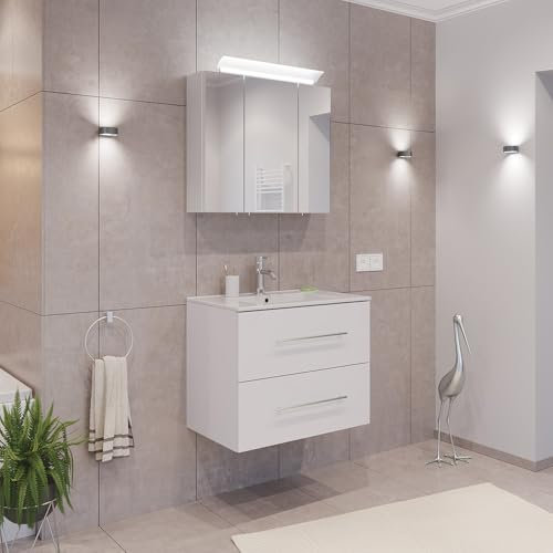 Lomadox Badezimmermöbel Badmöbel Set 2-teilig, Waschtisch Waschplatz 70cm breit, 2 Softclose-Schubladen mit Waschbecken und LED Spiegel, in weiß