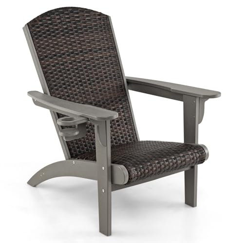 GYMAX Adirondack Stuhl wetterfest, Gartenstuhl mit mit Getränkehalter, Loungesessel mit geneigter Rückenlehne, Gartensessel aus Kunststoff & PE Rattan, für Terrasse & Balkon (Grau)