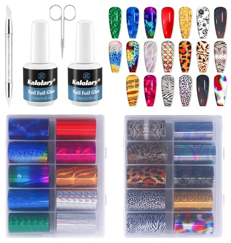 Kalolary Nail Foil Glue Gel with NailsTransfer Stickers | Lace Flower Transfer Stickers DIY Decoration for Nail Art Salon or Home Use (20P+ Leopard Foil Glue)