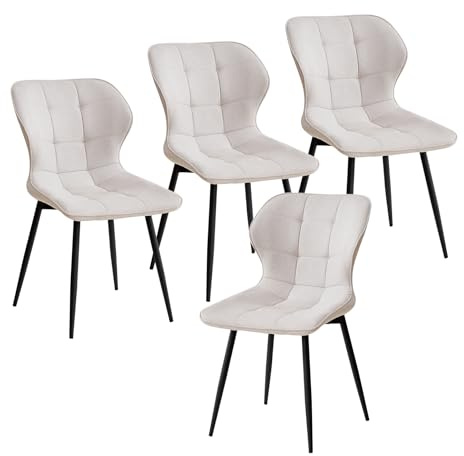 GrandCA HOME Lot de 4 Chaises de Salle à Manger Rembourrées en Lin avec Dossier et Pieds en Métal Noir pour Cuisine, Salle à Manger, Chambre - Beige