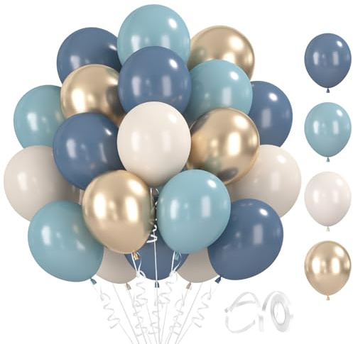 BlooMoo 60 Stück Luftballons Blau Weiß, 12 Zoll Latex Luftballons Blau Weiss Champagner, Metallic Helium Ballons, Party Ballons Set, für Geburtstag Hochzeit Baby Shower Dekoration