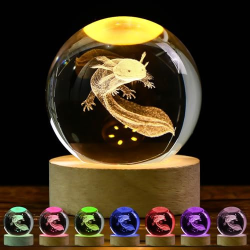 TaimeiMao 3D Axolotl Kristallkugel Nachtlicht, 60mm Glaskugel Lampe Deko mit Holzsockel und USB, Geburtstag Weihnachts Taufe Geschenke für Jungen Mädchen