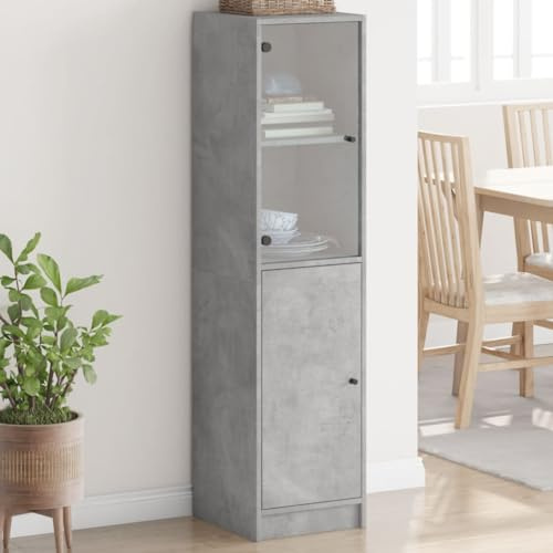 Modernes Highboard mit Glastür Betongrau 35x37x142 cm Wohnzimmer Schrank Stauraum Möbel Elegant Langlebig Glasvitrine Aufbewahrungssystem