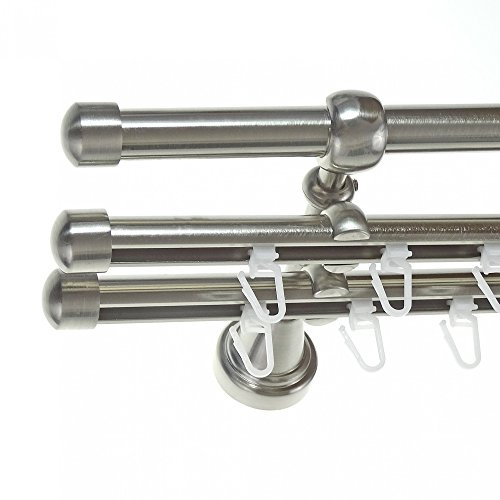 BASIT Gardinenstange Innenlauf Edelstahllook 16mm 3-läufig Wand 320cm H14 | Gardinenstangenset dreiläufig Wandmontage Metall Vorhangstange Wandhalterung 120-600cm wählbar Kappe E17