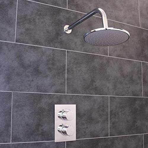 Modern Concealed Thermostatic 1 Way Outlet Shower Valve 2 Round Handles with Round Overhead Drencher - WRAS & TMV2 Approved by EcoSpa