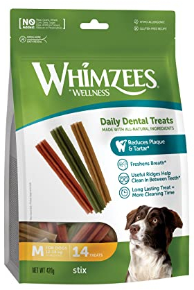 WHIMZEES by Wellness Stix, Kaustangen für mittelgroße Hunde, Hundesnack zur Zahnpflege, Größe M, 14 Stück, ohne Zuckerzusatz, getreidefrei, natürlich, fettarm
