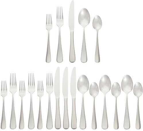 Amazon Basics Silverware Set, Stainless Steel Flatware, Dishwasher Safe, Service for 4, 20-Piece Forks and Spoons, Round Edge, Everyday Use