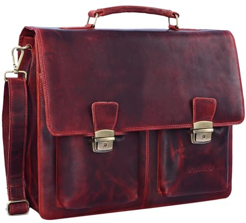 STILORD 'Tiberius' Retro Aktentasche Leder Businesstasche zum Umhängen DIN A4 Dokumententasche mit Schultergurt echtes Rindsleder, Farbe:kara - rot