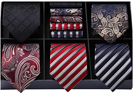 HISDERN Herren Krawatten Einstecktuch Set Klassische Seide Krawatten für Herren Hochzeit 5-teilig Seidenkrawatte und Taschentuch mit Geschenkbox