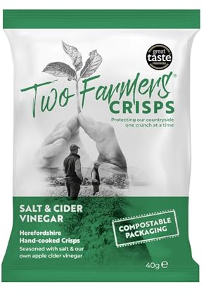 Two Farmers Crisps, Salt & Cider Vinegar Hand Cooked Crisps, Vegan and Vegetarian, Gluten Free, 100% Compostable Bags, 24 x 40g